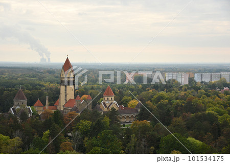 Aerial shot of a Castle-like crematorium in the South Cemetery in Leipzig, Saxony, Germany Aerial shot of a Castle-like crematorium in the South Cemetery in Leipzig, Saxony, Germany 101534175