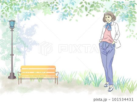 女性のベクターイラストと初夏の公園のベンチの背景 101534431