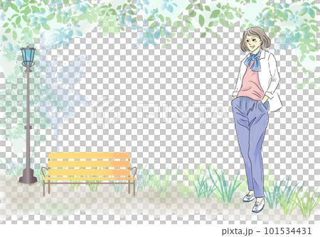 女性のベクターイラストと初夏の公園のベンチの背景 101534431