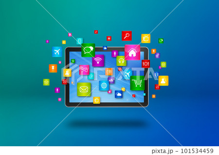Flying icons around a tablet PC. Cloud computing concept 101534459