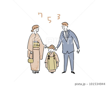 七五三（被布を着た女の子）と両親、（文字あり） 101534944