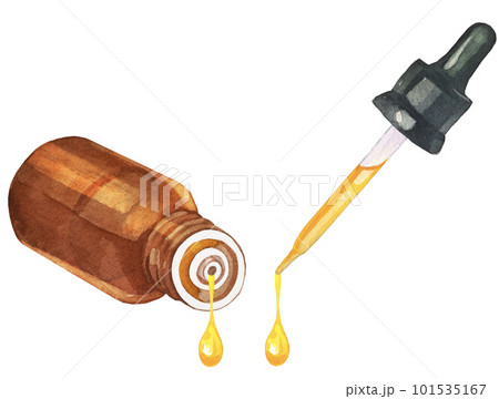 オイルを垂らしているスポイトとオイル瓶の水彩イラスト オイルを垂らしているスポイトとオイル瓶の水彩イラスト 101535167