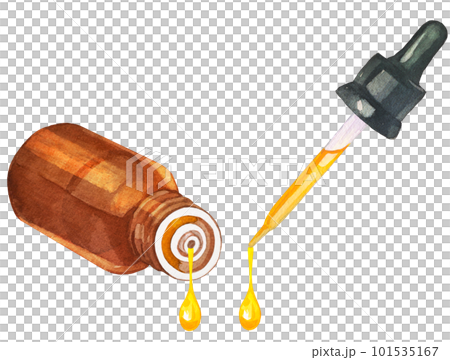 オイルを垂らしているスポイトとオイル瓶の水彩イラスト オイルを垂らしているスポイトとオイル瓶の水彩イラスト 101535167
