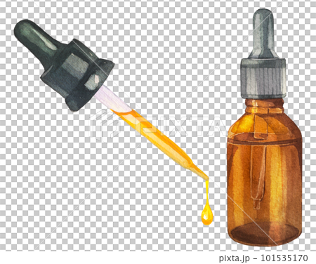 Illustration set of aroma oil, dropper and oil bottle drawn by watercolor 101535170