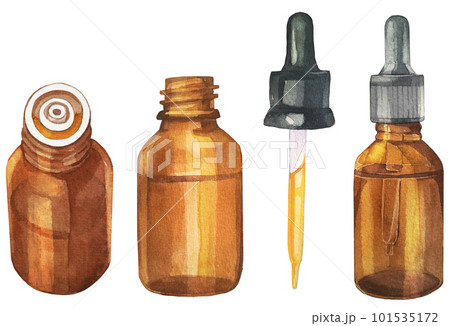 水彩で描いたアロマオイルとスポイトとオイル瓶のイラストセット 101535172