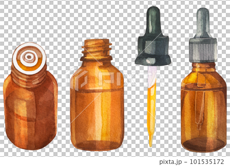 水彩で描いたアロマオイルとスポイトとオイル瓶のイラストセット 101535172