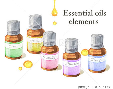 水彩で描いたアロマオイルとアロマボトルのイラスト 水彩で描いたアロマオイルとアロマボトルのイラスト 101535175