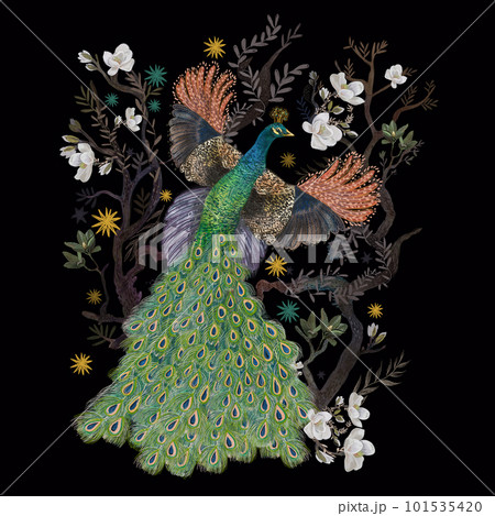 Beautiful peacocks in magnolia flowers. watercolor illustration. for embroidery, postcards, stationery, children. 101535420