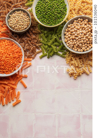 A variety of fusilli pasta from different types of legumes. Gluten-free pasta. A variety of fusilli pasta from different types of legumes. Gluten-free pasta. 101536040
