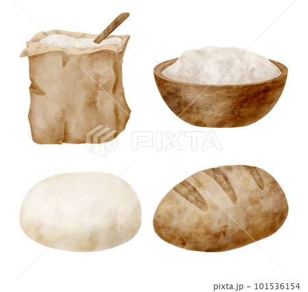 Watercolor baking set. Hand drawn flour sack and bowl, dough, baked bread isolated on white background. Cooking pastry ingredients. Kitchen clipart for bakery logo, blog, recipe book. 101536154