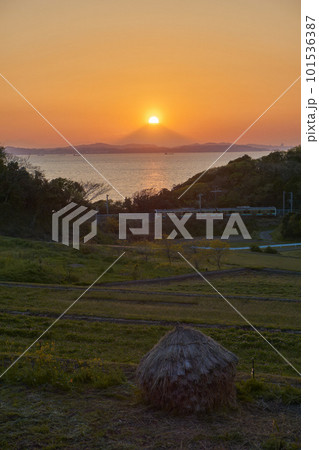 ダイヤモンド富士とJR内房線の奇跡の一致　やながわ米の里 101536387