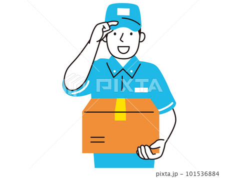 帽子に手を当て挨拶をしながらダンボールの荷物を配達する男性 101536884