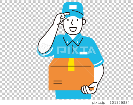 帽子に手を当て挨拶をしながらダンボールの荷物を配達する男性 101536884