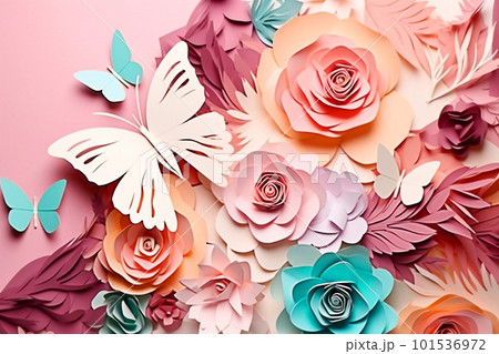 PAPER CUT ART Butterfly on coloful Flowers. Generative AI 101536972