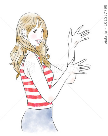 笑顔で明るく案内する若い女性 101537799