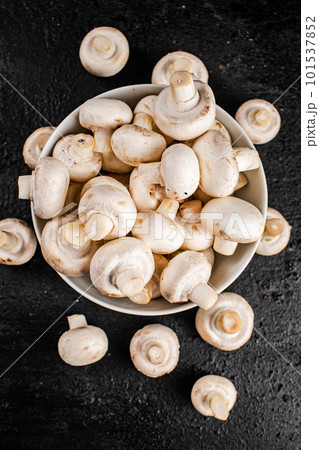 Fresh mushrooms champignons in a bowl on the table. Fresh mushrooms champignons in a bowl on the table. 101537852