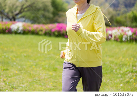 公園でジョギングをするシニア女性 公園でジョギングをするシニア女性 101538075