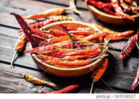 Pods of dried chili peppers in a plate. 101539527