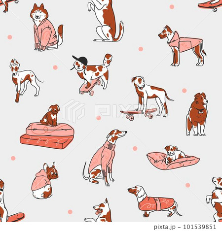 Hand drawn vector abstract graphic line art seamless pattern with diverse cute cartoon dogs characters.Vector illustration of funny cartoon different breeds dogs in trendy flat style. Line dog icon. Hand drawn vector abstract graphic line art seamless pattern with diverse cute cartoon dogs characters.Vector illustration of funny cartoon different breeds dogs in trendy flat style. Line dog icon. 101539851