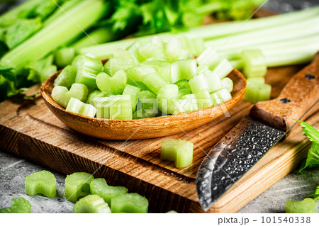 Sliced celery on a cutting board. Sliced celery on a cutting board. 101540338