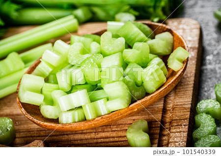 Sliced celery on a cutting board. Sliced celery on a cutting board. 101540339