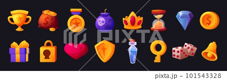 Ui game icons. Casino elements. Mobile or shield design. Bell and gift cup. Gold money. Stone key for lock. Gambling dice. Isolated heart and bomb. Slot symbols. Vector recent cartoon pictograms set 101543328