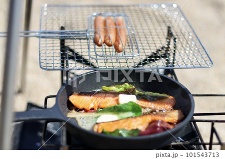 トイプードルを連れて女子キャンプ　青い海・美しいビーチでのんびり島キャンプ　キャンプ料理を楽しむ女性 101543713