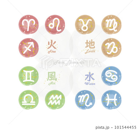 黄道12星座の4つのエレメントを表した手描きシンボルマークの描かれたイラスト 101544455