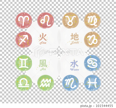 黄道12星座の4つのエレメントを表した手描きシンボルマークの描かれたイラスト 101544455