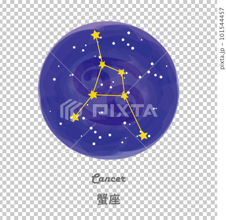 星空を背景に描かれたかに座の星座線と、星座の名前が英語と日本語で描かれたイラストのイラスト素材 [101544457] - PIXTA