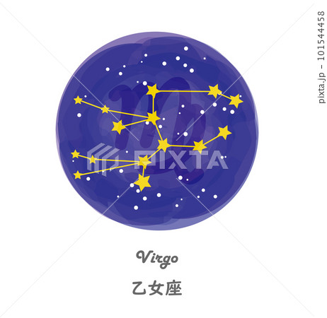 星空を背景に描かれたおとめ座の星座線と、星座の名前が英語と日本語で描かれたイラスト 101544458