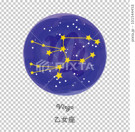 星空を背景に描かれたおとめ座の星座線と、星座の名前が英語と日本語で描かれたイラスト 101544458