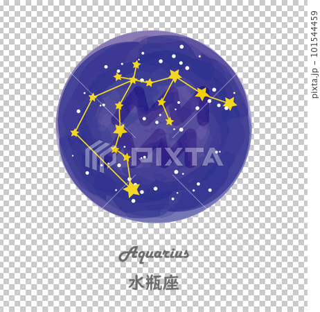 星空を背景に描かれたみずがめ座の星座線と、星座の名前が英語と日本語で描かれたイラスト 星空を背景に描かれたみずがめ座の星座線と、星座の名前が英語と日本語で描かれたイラスト 101544459