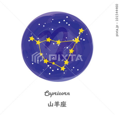 星空を背景に描かれたやぎ座の星座線と、星座の名前が英語と日本語で描かれたイラスト 101544460