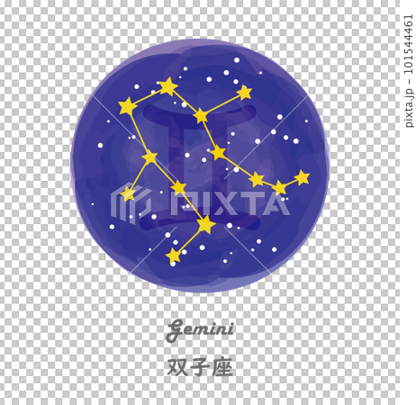 星空を背景に描かれたふたご座の星座線と、星座の名前が英語と日本語で描かれたイラスト 星空を背景に描かれたふたご座の星座線と、星座の名前が英語と日本語で描かれたイラスト 101544461