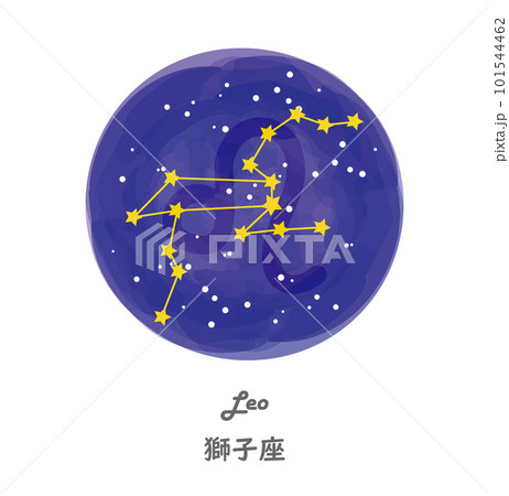 星空を背景に描かれたしし座の星座線と、星座の名前が英語と日本語で描かれたイラスト 101544462