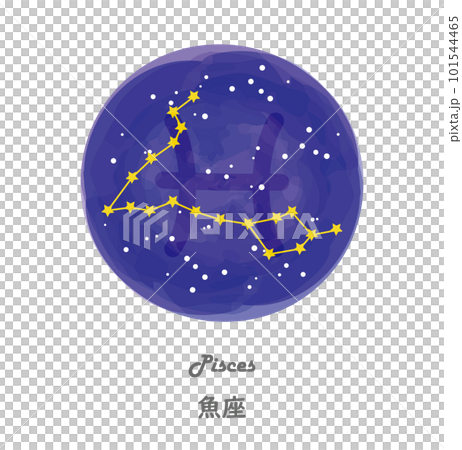 星空を背景に描かれたうお座の星座線と、星座の名前が英語と日本語で描かれたイラスト 101544465