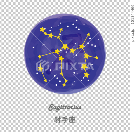 星空を背景に描かれたいて座の星座線と、星座の名前が英語と日本語で描かれたイラスト 星空を背景に描かれたいて座の星座線と、星座の名前が英語と日本語で描かれたイラスト 101544466
