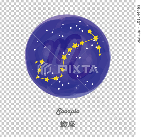 星空を背景に描かれたさそり座の星座線と、星座の名前が英語と日本語で描かれたイラスト 101544468