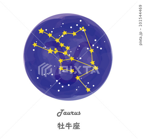 星空を背景に描かれたおうし座の星座線と、星座の名前が英語と日本語で描かれたイラスト 101544469