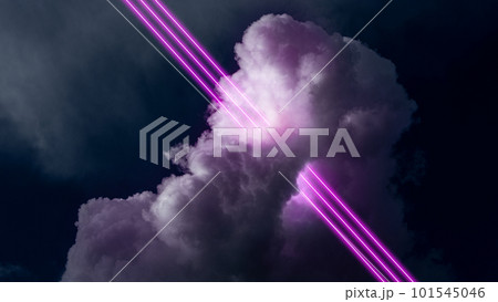 Neon colored purple lines crossing cloud, smoke at night over dark background. Creative abstract design for wallpaper, background, banner Neon colored purple lines crossing cloud, smoke at night over dark background. Creative abstract design for wallpaper, background, banner 101545046