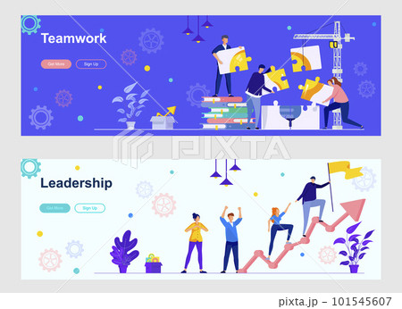 Teamwork and leadership landing page with people characters. Partnership and collaboration workflow web banners set. Accomplishments and achievements vector illustration great for social media cover. 101545607