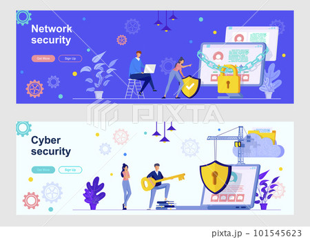 Cyber security landing page with people characters. Internet privacy, password identification web banners. Network security consultation and assistance vector illustration great for social media cover Cyber security landing page with people characters. Internet privacy, password identification web banners. Network security consultation and assistance vector illustration great for social media cover 101545623