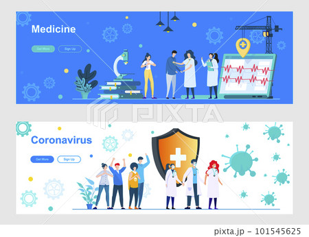 Medicine and coronavirus landing page with people characters. Online consultation, diagnostics and treatment web banners set. Coronavirus pandemic vector illustration great for social media cover. Medicine and coronavirus landing page with people characters. Online consultation, diagnostics and treatment web banners set. Coronavirus pandemic vector illustration great for social media cover. 101545625