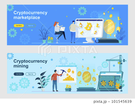 Cryptocurrency mining and trading landing page with people characters. Cryptography and blockchain fintech web banners set. Cryptocurrency marketplace vector illustration great for social media cover. Cryptocurrency mining and trading landing page with people characters. Cryptography and blockchain fintech web banners set. Cryptocurrency marketplace vector illustration great for social media cover. 101545639