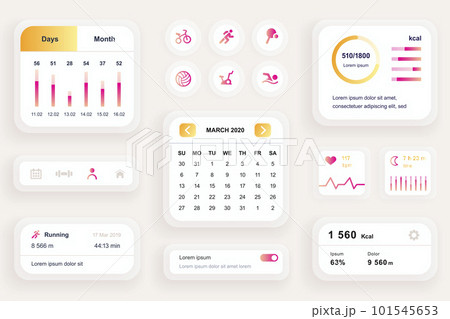 GUI elements for fitness workout mobile app. Fitness activity planner with calendar, heart rate monitor user interface generator. Ui ux design kit vector illustration. Health monitoring components. 101545653