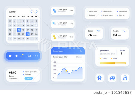 GUI elements for medicine mobile app. Online medical services in clinic, pharmacy store user interface generator. Unique ui ux design kit vector illustration. Calendar, navigation and chart components 101545657