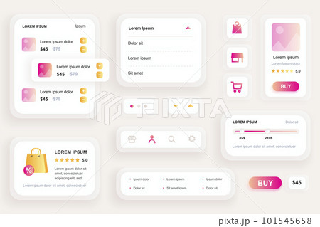 GUI elements for shopping mobile app. Shopping platform, product rating, review and pricing user interface generator. Unique ui ux design kit vector illustration. Navigation and search form components 101545658