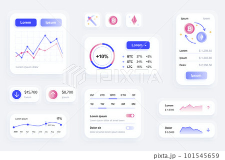 GUI elements for cryptocurrency mobile app. Cryptocurrency mining, exchange and stock trading user interface generator. Unique ui ux design kit vector illustration. Navigation and graphs components. 101545659