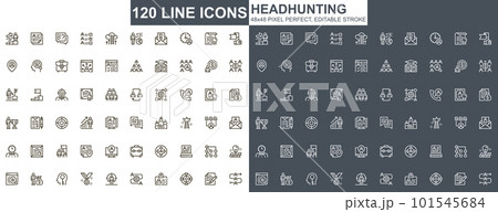 Headhunting thin line icons set. Recruitment and staff hiring unique design icons. Candidates employment, human resource management outline vector bundle. 48x48 pixel perfect linear pictogram pack. Headhunting thin line icons set. Recruitment and staff hiring unique design icons. Candidates employment, human resource management outline vector bundle. 48x48 pixel perfect linear pictogram pack. 101545684
